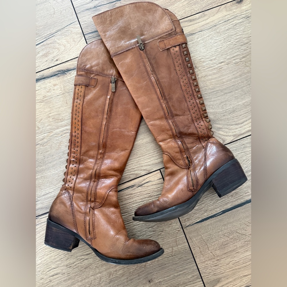 Vince Camuto Saddle Brown Studded Over-the-Knee Leather Boots - Picture 3 of 7